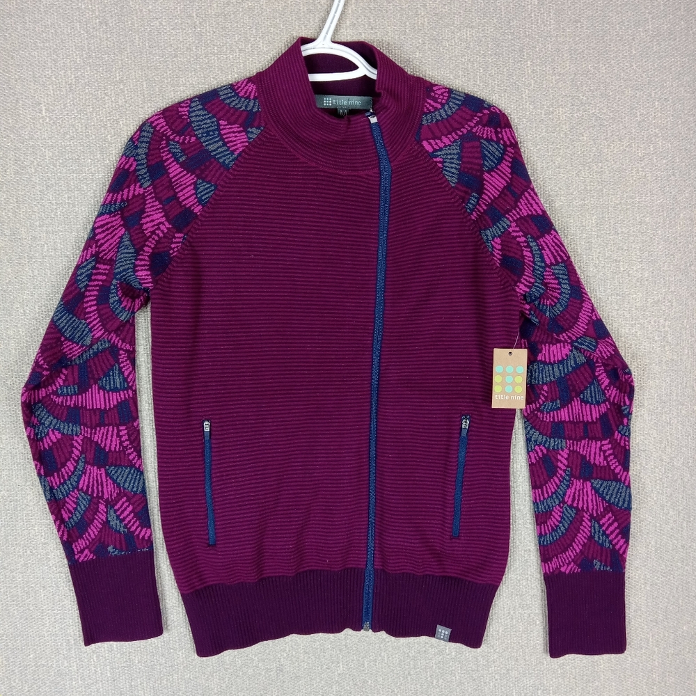 Title Nine Sweater Womens Medium Purple Asymmetrical Zip Patterned Mock Neck